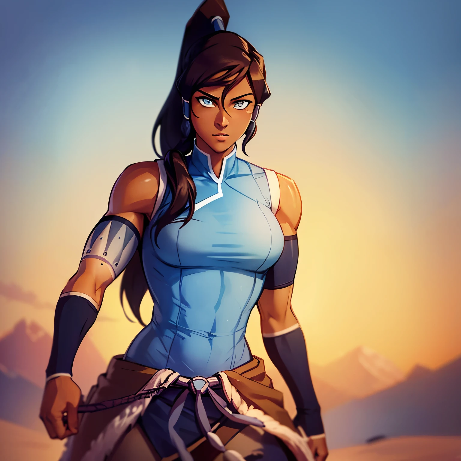 korra, dark skin, dark-skinned female, ponytail, toned female, high quality, detailed, high resolution, masterpiece, anatomically correct,
