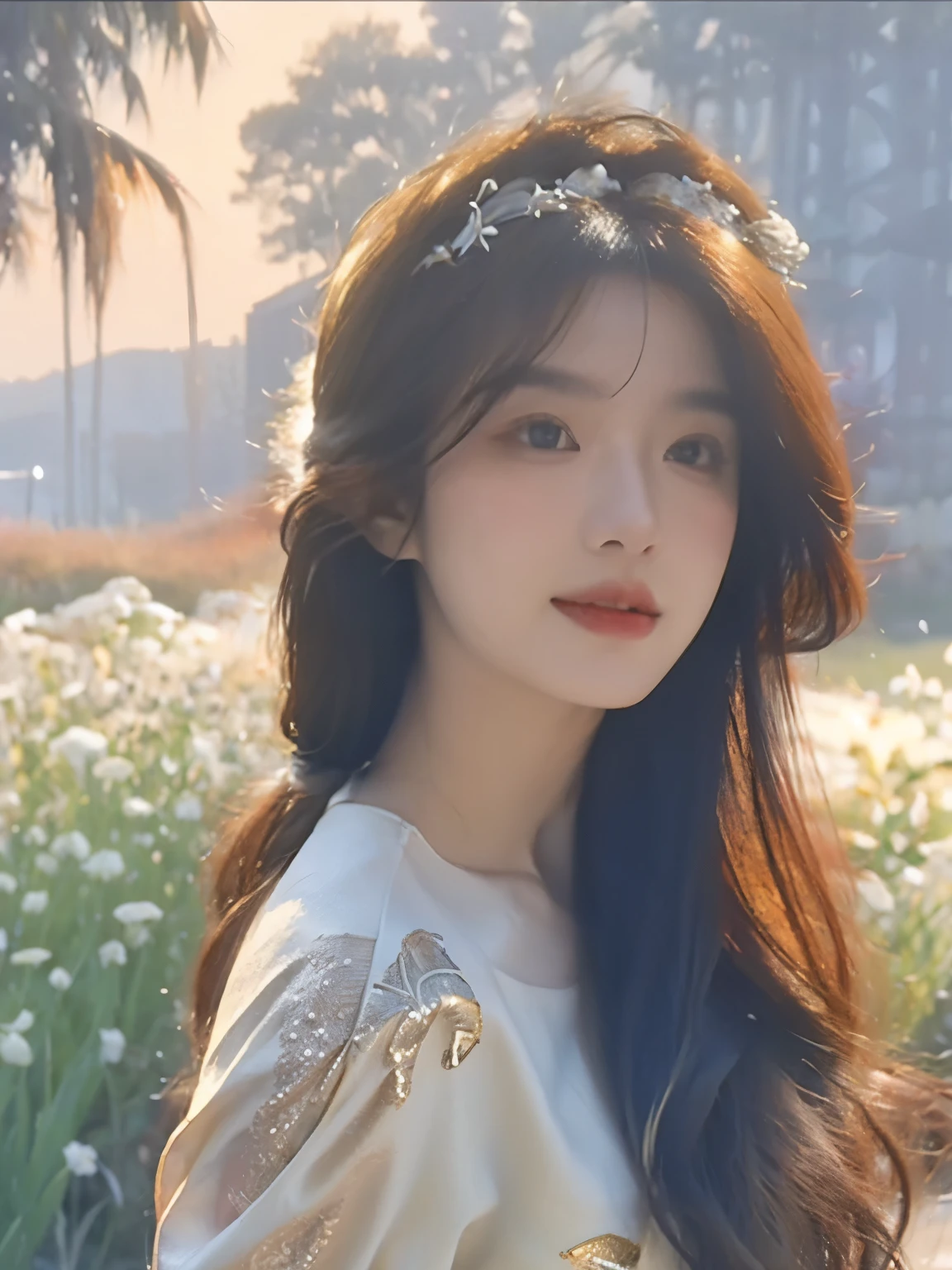 (best quality, masterpiece:1.3), (actual, photo actual:1.3), ultra high resolution, ultra high definition, Extremely detailed CG unified 8k wallpaper, sharp focus, Ridiculous, (actual skin, Delicate skin), (perfect anatomy, accurate body), movie lighting, best shadow, glossy lips, （small mouth），BREAKShe has a bright and radiant face, With a warm smile and sparkling eyes. her hair is long, flowing, and gold or silver, depends on light. She wears a flowing long dress of the purest white, Decorated with intricate embroidery and sparkling jewels., (permanent), (Broad, grass under sunlight，Colorful wildflowers in bloom, And the clear blue sky above. Maybe there was a breeze blowing), (happy and radiant, Like a burst of positive energy.), (looking at the audience)，There is light on the face, movie lighting，illustration, Very detailed，Level verbose, High resolution, Very detailed, best quality, masterpiece