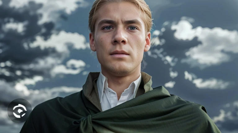 (ultra detailed, realistic)A blonde hair guy wearing green cloth upon formal dress, looking aged and a little masculine with serious looks gazing at the camera