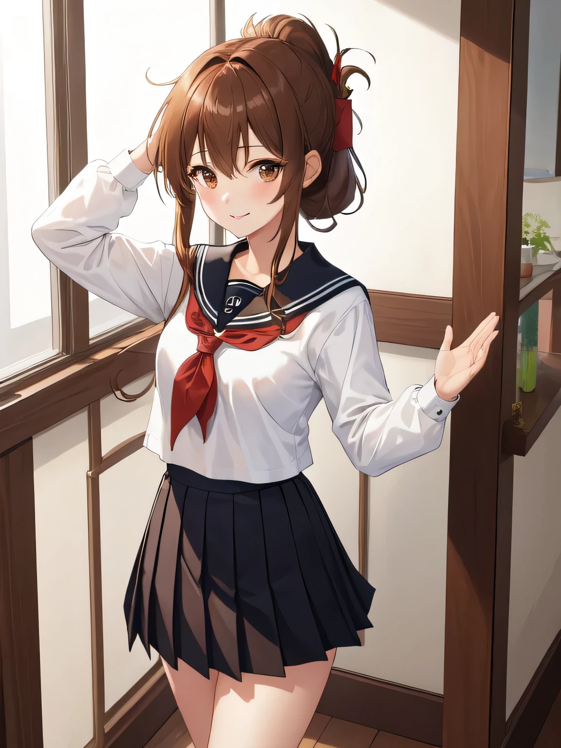 (masterpiece, highest quality:1.2),figure,8K,hd,1 girl,alone,Brown_hair,folded_ponytail,Brown_eye,serafuku,length_hair,School_uniform,skirt,pleats_skirt,smile、Are standing、facing forward、salute