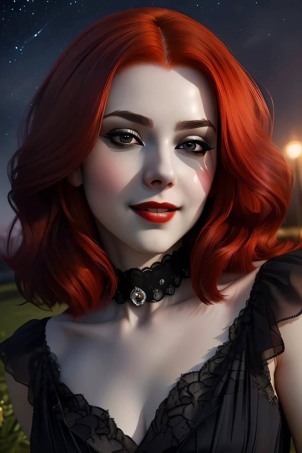 (portrait shot, ((vivid red hair)), european face, sexy, mature woman, 30 years old, diamond face, moonlight, red starry sky background, depth of field, magic, big red lips, ((dark black eyes)) black and red long and full dress, covered chest, mystical atmosphere, ominous shadows, Intense blue aura, Intense red aura (best quality:1.2), absurdres, intricate details, (highly detailed skin:1.2), smile expression, posing, taut and well defined body, attractive. Highly realistic, pale skin, beautiful, hyperrealism, skin very elaborated, direct gaze