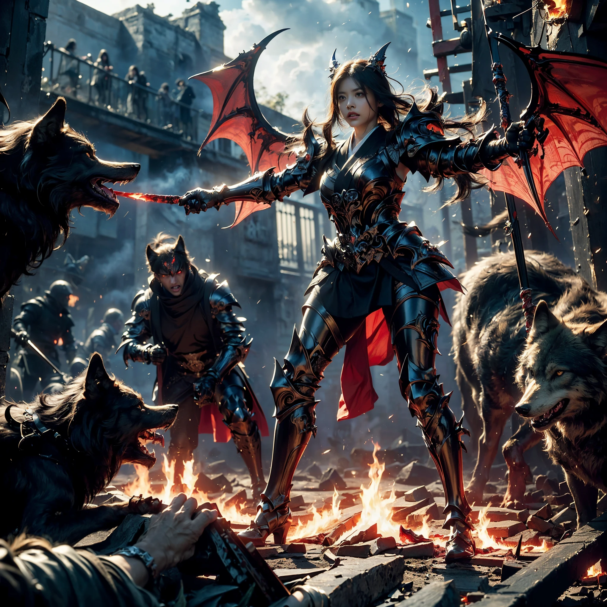 (((Realistic, masterpiece, best quality, crisp detail, high definition, high detail, very rich detail, sharp focus, sharp detail, colorful, rich color, perfect studio lightning))), ((20 years old, beautiful devil, kasumi arimura, evil gothic make up, flying, floating)),(((in the middle of war, epic war scene, attack stance))), wearing (((beautiful decorated black heavy armor, dark dragon armor, decorated full body armor, fully armored beautiful kimono, wide fire diabolos wings))), (flying, holding giant blade, blood scattered face, blood tears, blood bath, blood shed), (((fire everywhere, blood everywhere, death everywhere, japan bakumatsu period, dead bodies,carcass,burned japanese castle, cerberus, three headed wolves, were wolves, hellish,chaos, inferno)) traditional village background, dark atmosphere, bloody night)