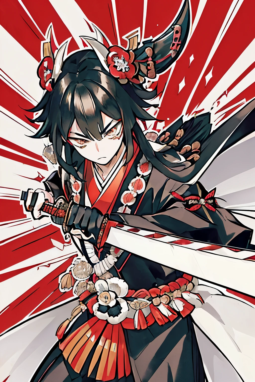 horikoshi kouhei, 1male in, boku no hero academia, regal presence, (((sharp almond-shaped eyes))). jet-black hair, (((hair worn in a traditional Heian-era style))), adorned with intricate ornaments, lean yet strong physique reflecting his martial prowess from his past life, attire blends modern and historical elements, dark clothing, (((((tailored suits paired with subtle nods to Heian heritage))))), embroidered patterns or traditional accessories, ((action scene)), a blur of motion, ((leashes a devastating flurry of strikes)), ((infused with the supernatural precision)), (((swing of his blade))), arcs of energy trail on sword swings, (((katana)))