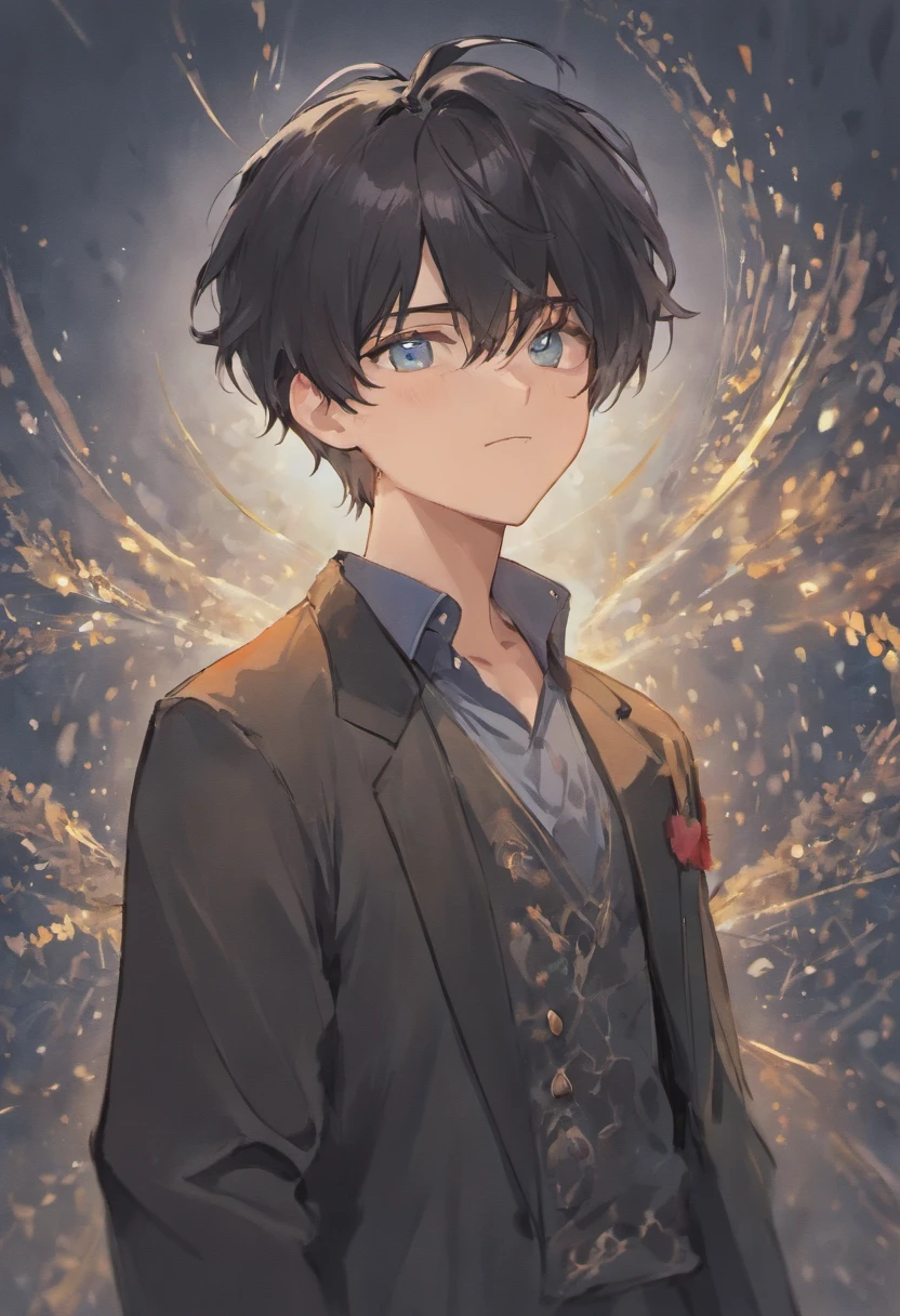 black hair,eyes are light blue,beautiful boys,Handsome guy,Ash gray hair、semi-long,laughter,necklace、earrings