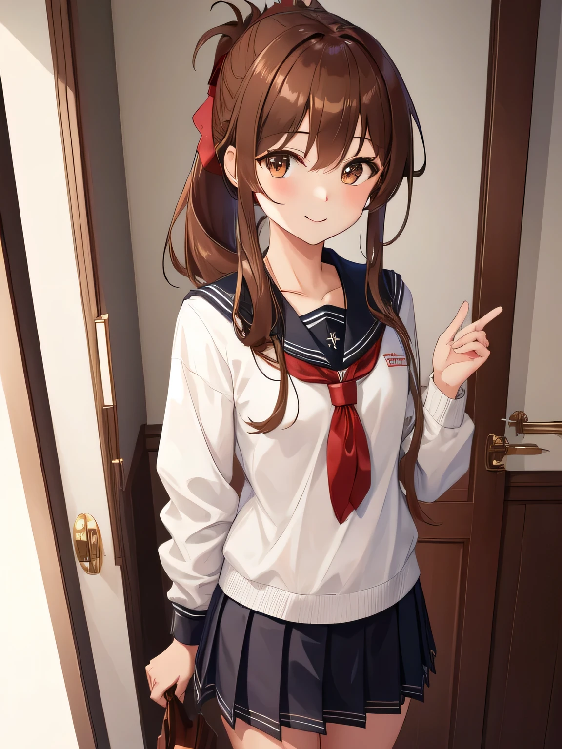 (masterpiece, highest quality:1.2),figure,8K,hd,1 girl,alone,Brown_hair,folded_ponytail,Brown_eye,serafuku,length_hair,School_uniform,skirt,pleats_skirt,smile、Are standing、facing forward