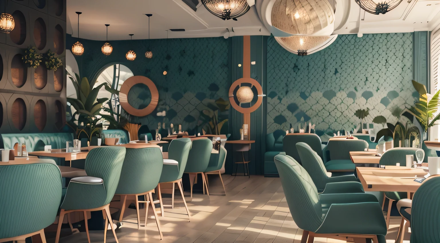 there are many chairs and tables in this restaurant with a lot of decor, on the ocean, deep sea themed, tiled room squared waterway, cozy cafe background, in style of ultra realistic, lounge background, retro style, on ocean, moody vibe, detailed scene, beautiful aesthetic design, textured, realistic scene, highly aesthetic, restaurant interior photography, realistic image