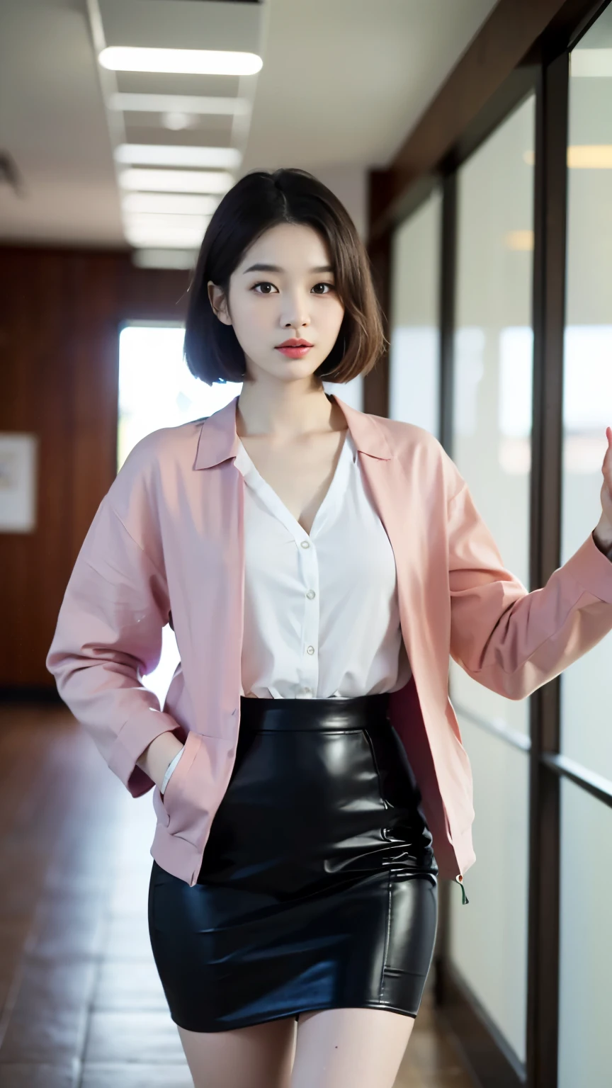 (((best quality, 8 thousand, masterpiece:1.4)), (20 year old woman), masterpiece, distinct, highres, high_quality, wide_shot, small_face, absurdly_short_hair, female, sagging_breasts, balancing, stretching, gentle_face, bare_shoulders, center_opening, downblouse, ((best quality)), ((masterpiece)), (detailed), perfect face, very big breasts, ultra high resolution room, 8k, perfect body, hud, Ergonomic, slim legs, small face, long eyelashes, Sparkling pink lips, eye for detail, clean skin, blemish-free face, korean beauty, 20 year old woman, 1 woman, Sexy pelvis, He walks forward carrying a small luxury bag., (Huge, saggy breasts), red tulip skirt, red button jacket, white v-neck shirt, neat office office hallway, white tone office, Office Look:1.3, Prada,