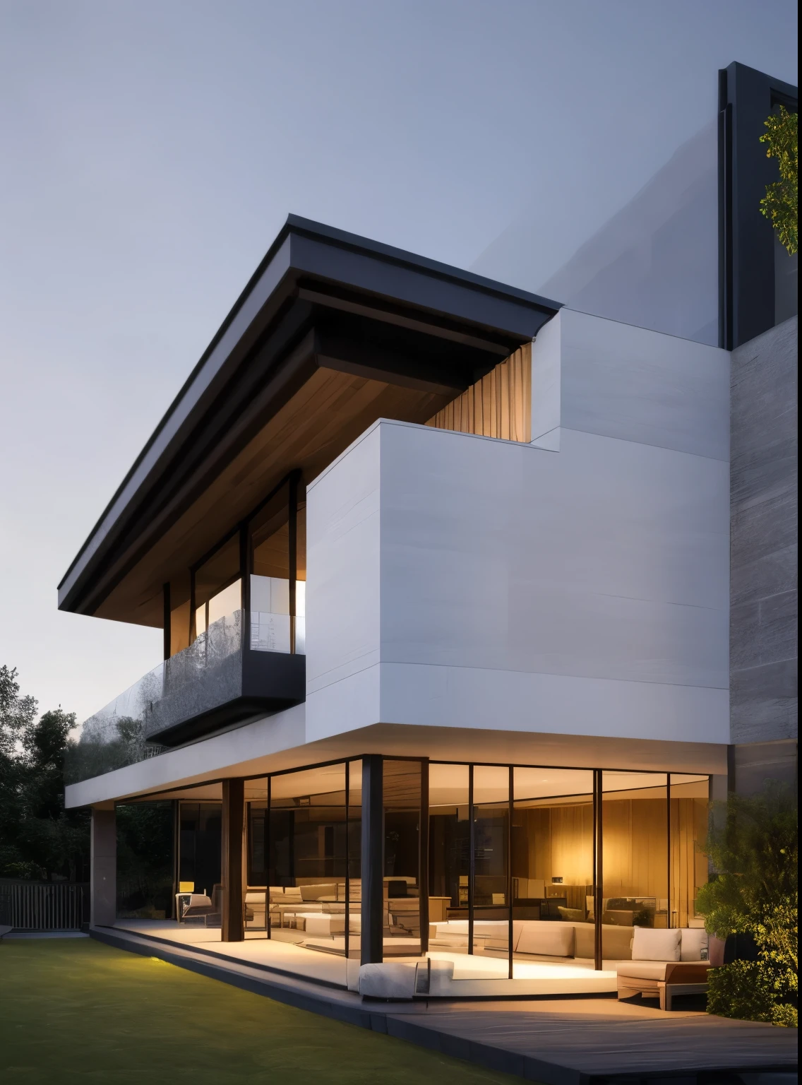 maison moderne, grande cour, beau view, Arbres environnants, one-story house, toit plat, large windows, wood materials, concrete and glass, garde-corps en verre, surrounded by&#39;arbres, pelouse , grandes portes coulissantes en verre, large outdoor fireplace, beau toit plat, ligne droite linéaire,
Sunset light, neutral colored lights, beau, ciel nuageux, piscine devant la maison, paysage,terrain plat, Photo brute, sujet, 8k euh, DSLR, soft lighting, high quality, grain de film, Fujifilm XT3