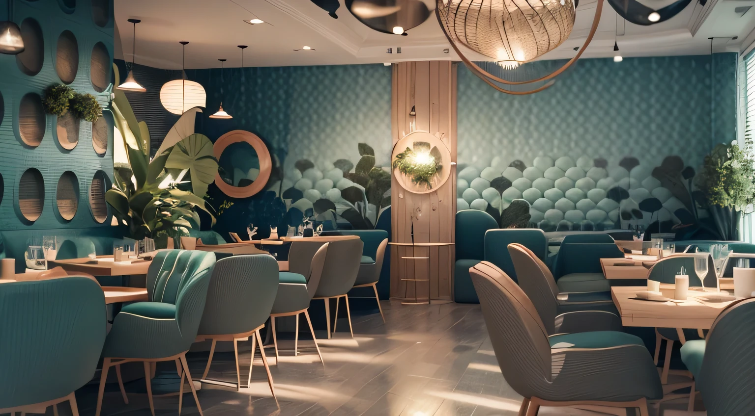 there are many chairs and tables in this restaurant with a lot of decor, on the ocean, deep sea themed, tiled room squared waterway, cozy cafe background, in style of ultra realistic, lounge background, retro style, on ocean, moody vibe, detailed scene, beautiful aesthetic design, textured, realistic scene, highly aesthetic, restaurant interior photography, realistic image