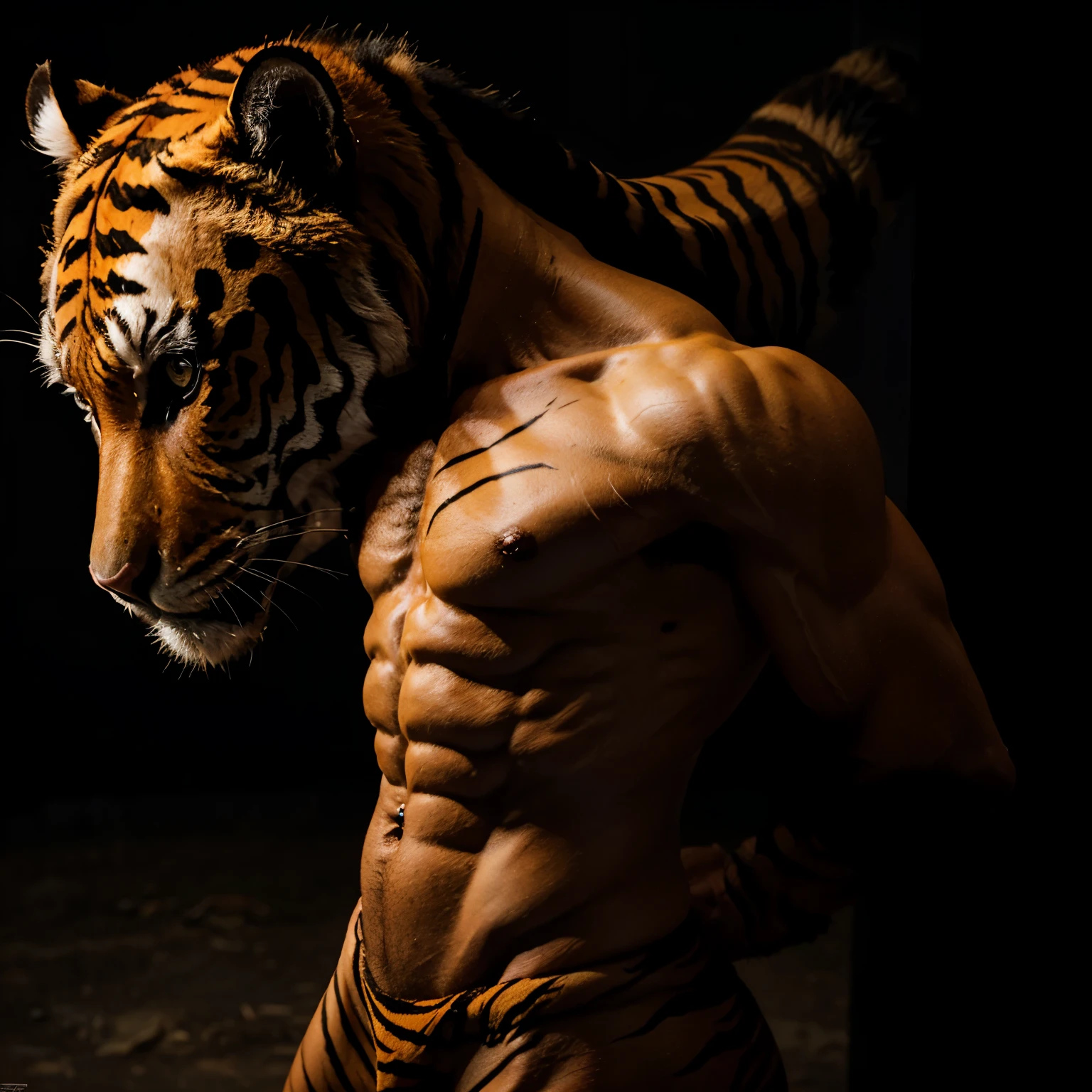 a humanoid tiger standing, furry, muscular body, highly detailed, hyper realism, epic dark background,