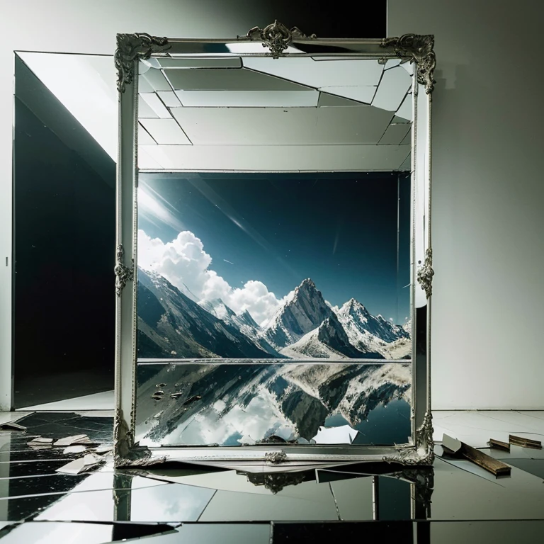 An image that represents the duality between reality and imagination. Por ejemplo, a photograph of a broken mirror reflecting different landscapes or scenes, showing how our perception of reality can be fragmented. The title of the book "Fragmentos de Realidad" could be written in fancy letters on the broken mirror.