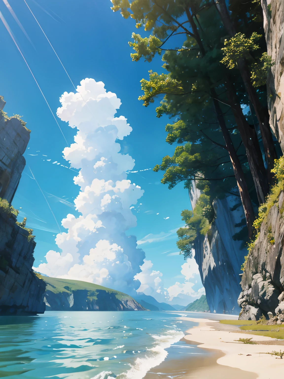 no humans, scenery, vanishing point, from below, masterpiece, best quality, 8k, absurdres, water surface, summer, noon, sunlight, blue sky, perspective, depth of field, highres, finely detail, ultra-detailed, sharp focus