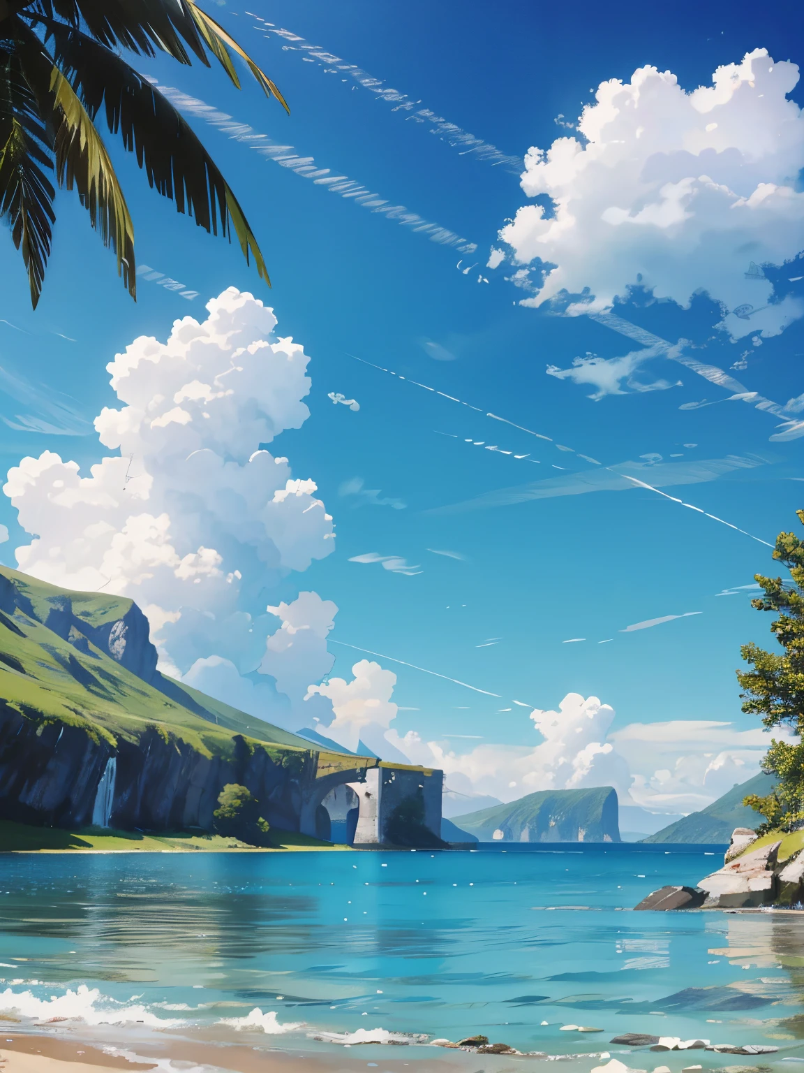 no humans, scenery, vanishing point, from below, masterpiece, best quality, 8k, absurdres, water surface, summer, noon, sunlight, blue sky, perspective, depth of field, highres, finely detail, ultra-detailed, sharp focus