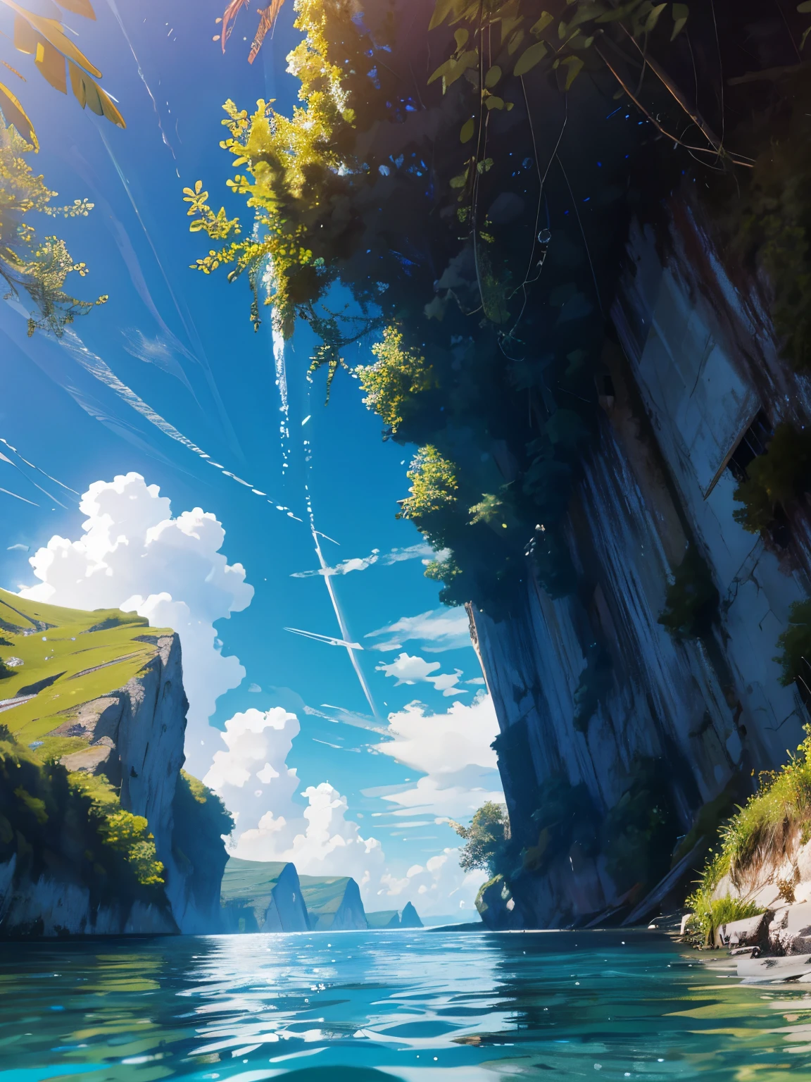 no humans, scenery, vanishing point, from below, masterpiece, best quality, 8k, absurdres, water surface, summer, noon, sunlight, blue sky, perspective, depth of field, highres, finely detail, ultra-detailed, sharp focus