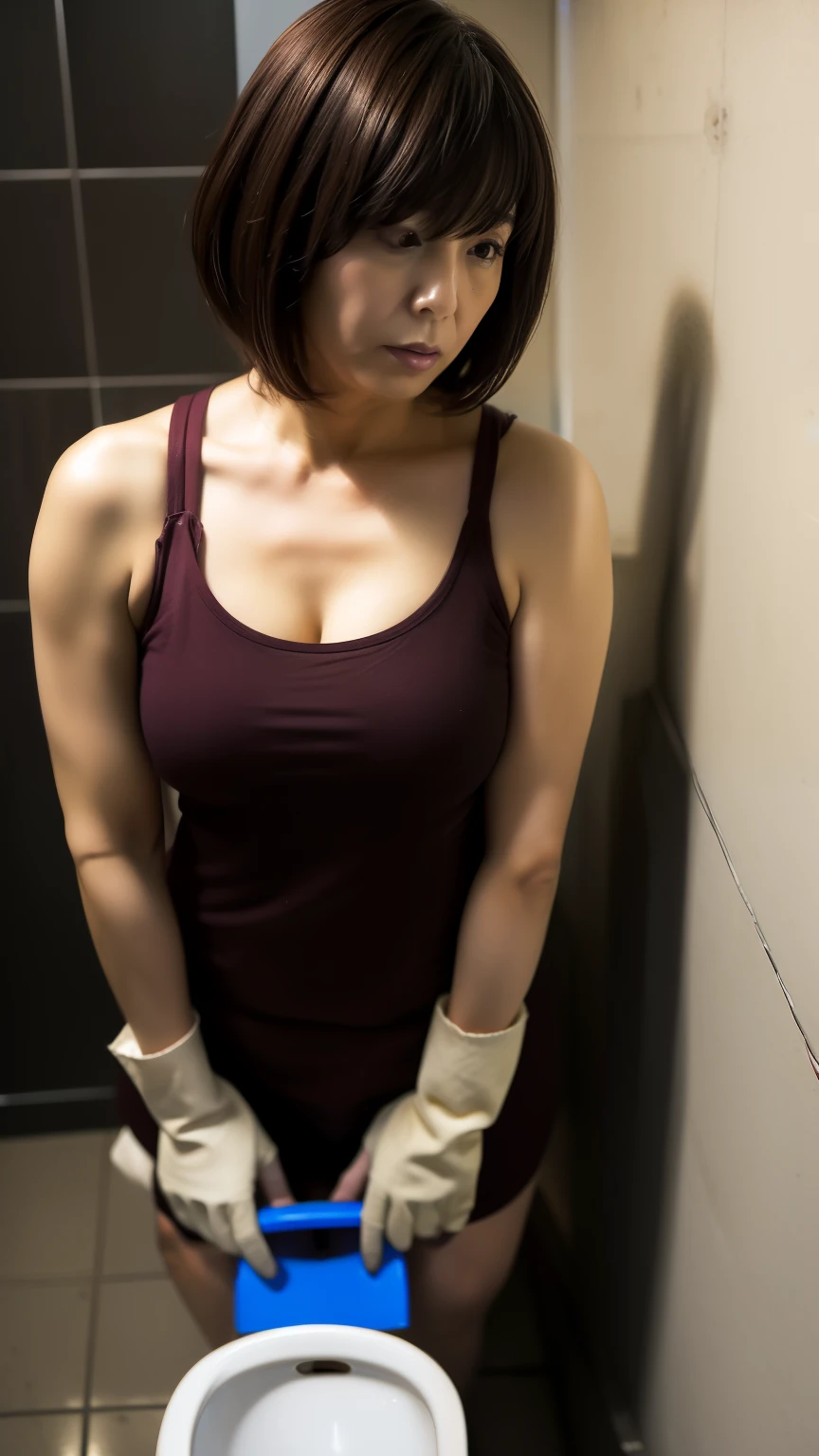50 year old Japanese mature prostitute cleaning in a public toilet for men、sad atmosphere、dark atmosphere、(((cleaning the toilet bowl with a rag)))、dirty floor、Dirty walls、very huge breasts:1.5、very big butt、Very short see-through hot pants and tank top