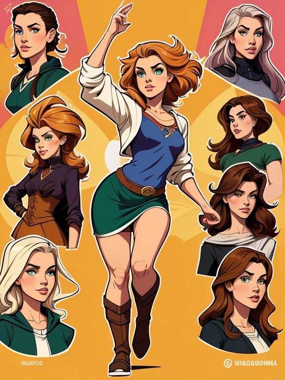 Turnaround sheet full body dynamic pose Cartoon image of a woman .cartoon style illustration, estilo de arte dos desenhos animados, estilo de arte dos desenhos animados, digital illustration style, design de personagens altamente detalhado, arte digital detalhada fofa, City fan art, Design de personagens de retrato, beautiful digital illustration, retrato de alta qualidade, Arte em quadrinhos, mulher jovem. Green eyes Buso average and wonderful character from the dragon's cave Dangeon and Dragons and Hermione Granger