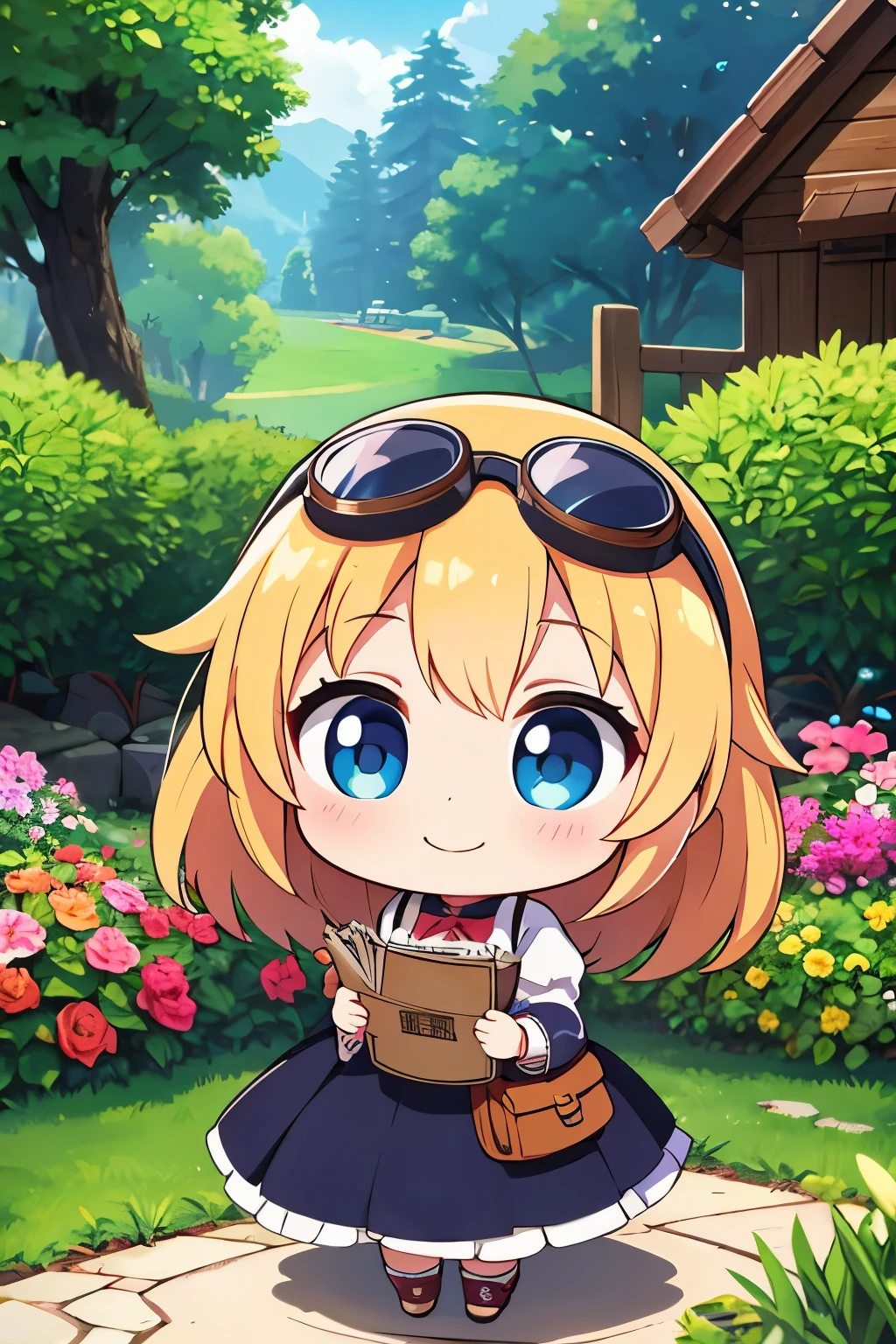 ()Please express the contents inside with a chibi girl doll.(Photoreal、RPG screen、goggles、garden、smile)