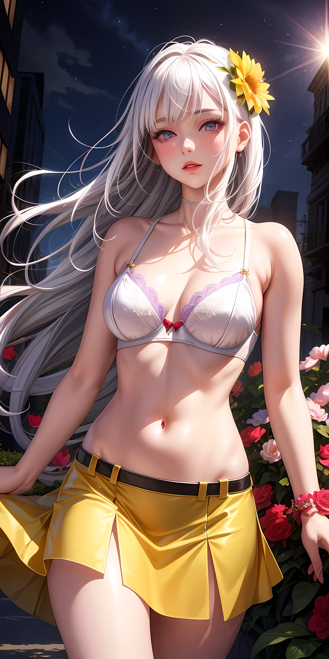 realistic, 1girl, white hair, purple eyes, glowing eyes, mini yellow bra, red micro low skirt, parted lips, blush, night, flowers, sun, sunlight,