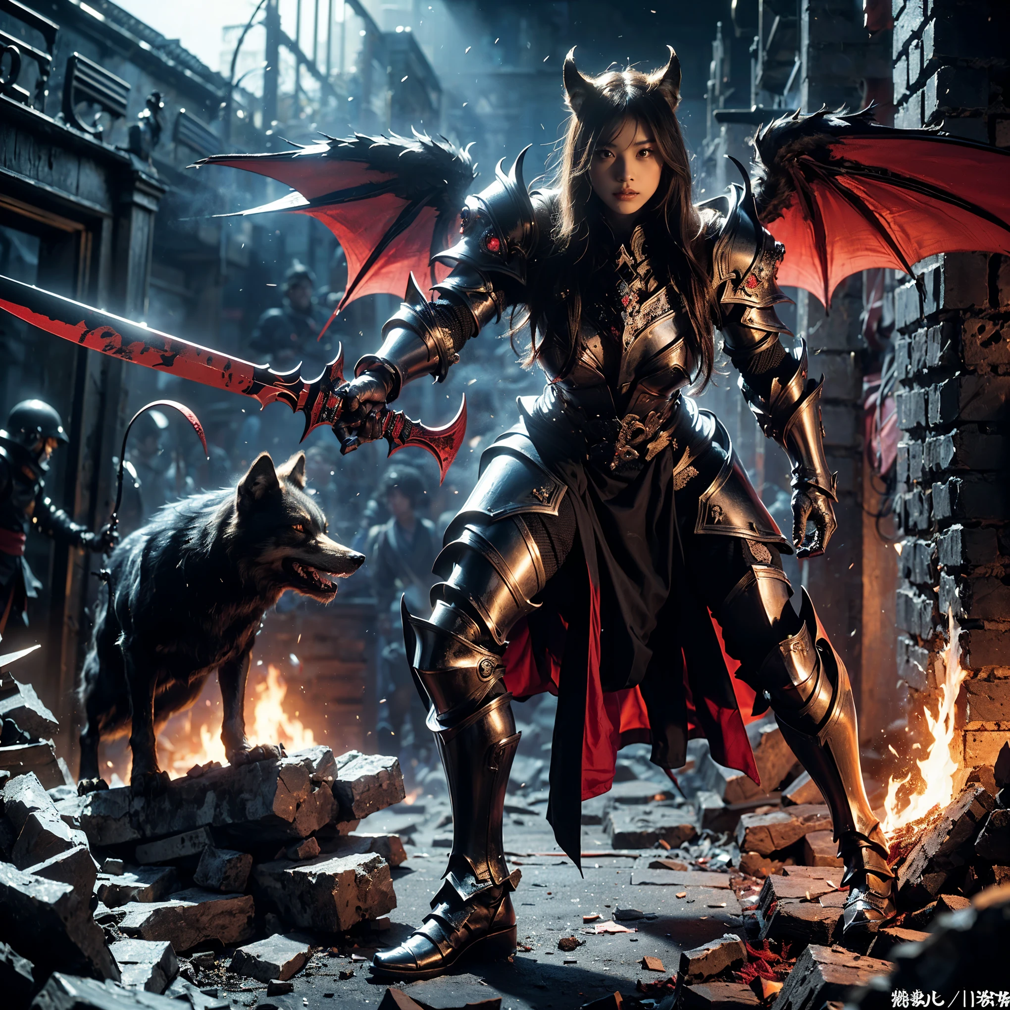 (((Realistic, masterpiece, best quality, crisp detail, high definition, high detail, very rich detail, sharp focus, sharp detail, colorful, rich color, perfect studio lightning))), ((20 years old, beautiful devil, kasumi arimura, evil gothic make up, flying, floating)),(((in the middle of war, epic war scene, attack stance))), wearing (((beautiful decorated black heavy armor, dark dragon armor, decorated full body armor, fully armored beautiful kimono, wide fire diabolos wings))), (flying, holding giant blade, blood scattered face, blood tears, blood bath, blood shed), (((fire everywhere, blood everywhere, death everywhere, japan bakumatsu period, dead bodies,carcass,burned japanese castle, cerberus, three headed wolves, were wolves, hellish,chaos, inferno)) traditional village background, dark atmosphere, bloody night)