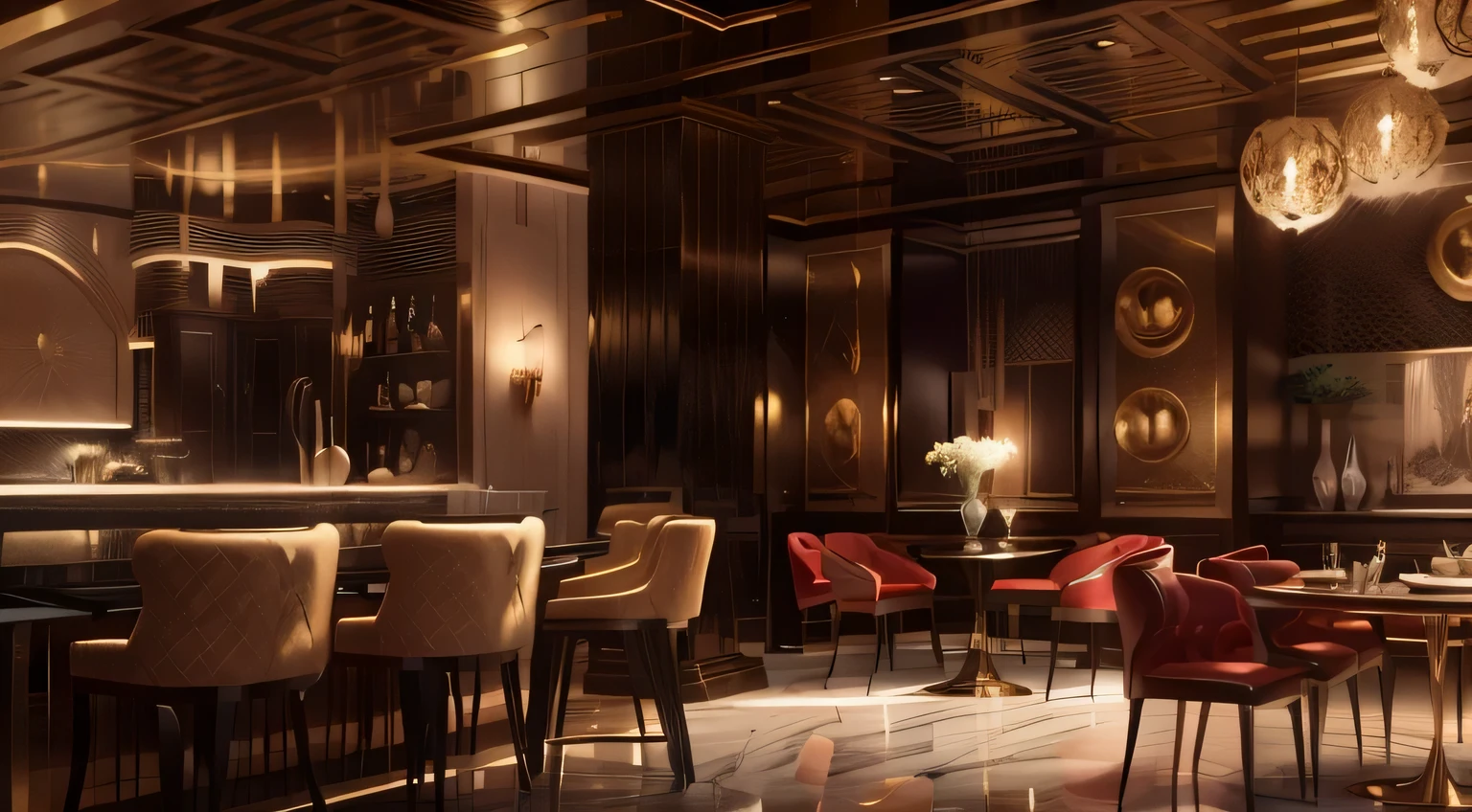 a close up of a bar with chairs and tables in a room, luxurious environment, by Mario Dubsky, luxury hd render, dramatic and dynamic lighting, sublime-comfy-elegant ambience, inspired by Emilio Grau Sala, by Elias Ravanetti, in style of kyrill kotashev, by Aleksander Kotsis, extremely opulent