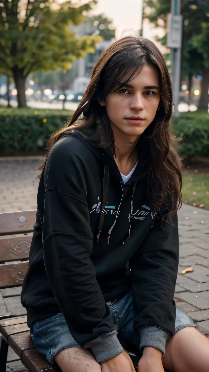 (8k, RAW photo, best quality, masterpiece:1.2), (realistic, photo-realistic:1.37), ultra-detailed, masterpiece HDR high quality Picture a young boy, 17 years old, handsome man, long black messy hair cover ny hoodie, sharp eyes, blue hoodie,sitting at a park, expressing a sense of perplexity and curiosity, with a touch of humor, creating a warm and relaxed atmosphere, captured in high resolution (best quality, 4k), with ultra-detailed features, realistic colors, and a touch of bokeh, reminiscent of a candid snapshot