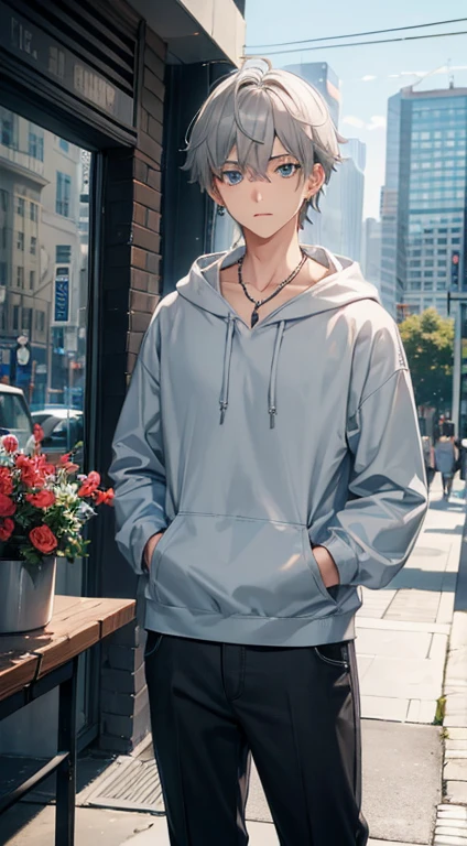 1 high school boy, short ash gray hair, sky blue eyes, gray hoodie,earrings,necklace, black pants, city, High resolution, 8K, Utra sharp, table top, looking at the viewer