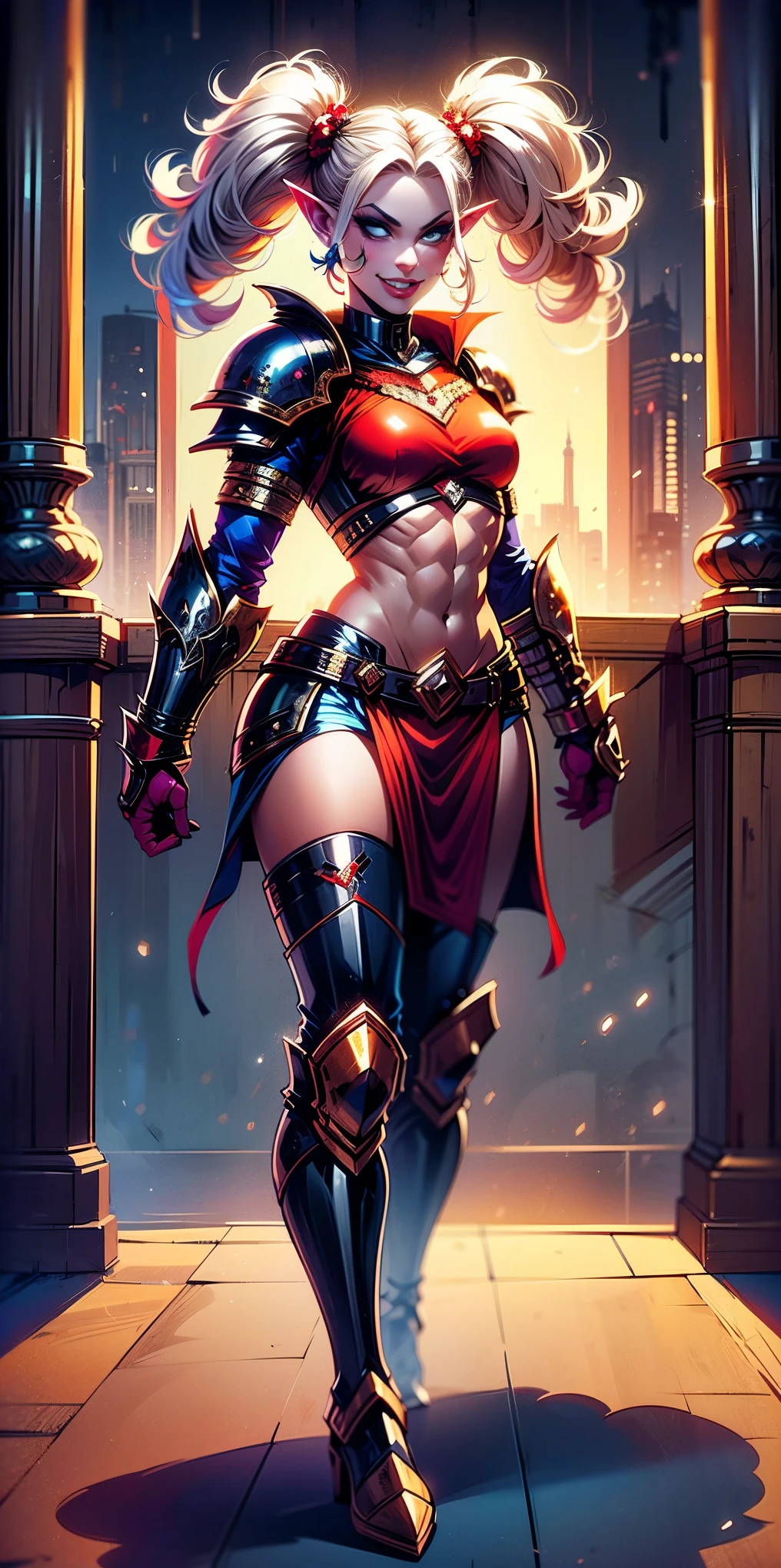 full body, def_effie, RED breastplate, RED skin, looking at viewer, shiny,armor, thighhighs, high boots,shoulder armor, faulds, poleyn, gloves, gauntlets, Rerebrace armored boots, pauldrons,(masterpiece, best quality, ultra-detailed, best shadow) yordle (1girl)( RED skin:1.2) pointy ears muscular lean platinum blonde long twin-tails hairstyle at the office lustful smirking smile face red blushed, blush, strong abs, female body builder, tiara, twin drills hair