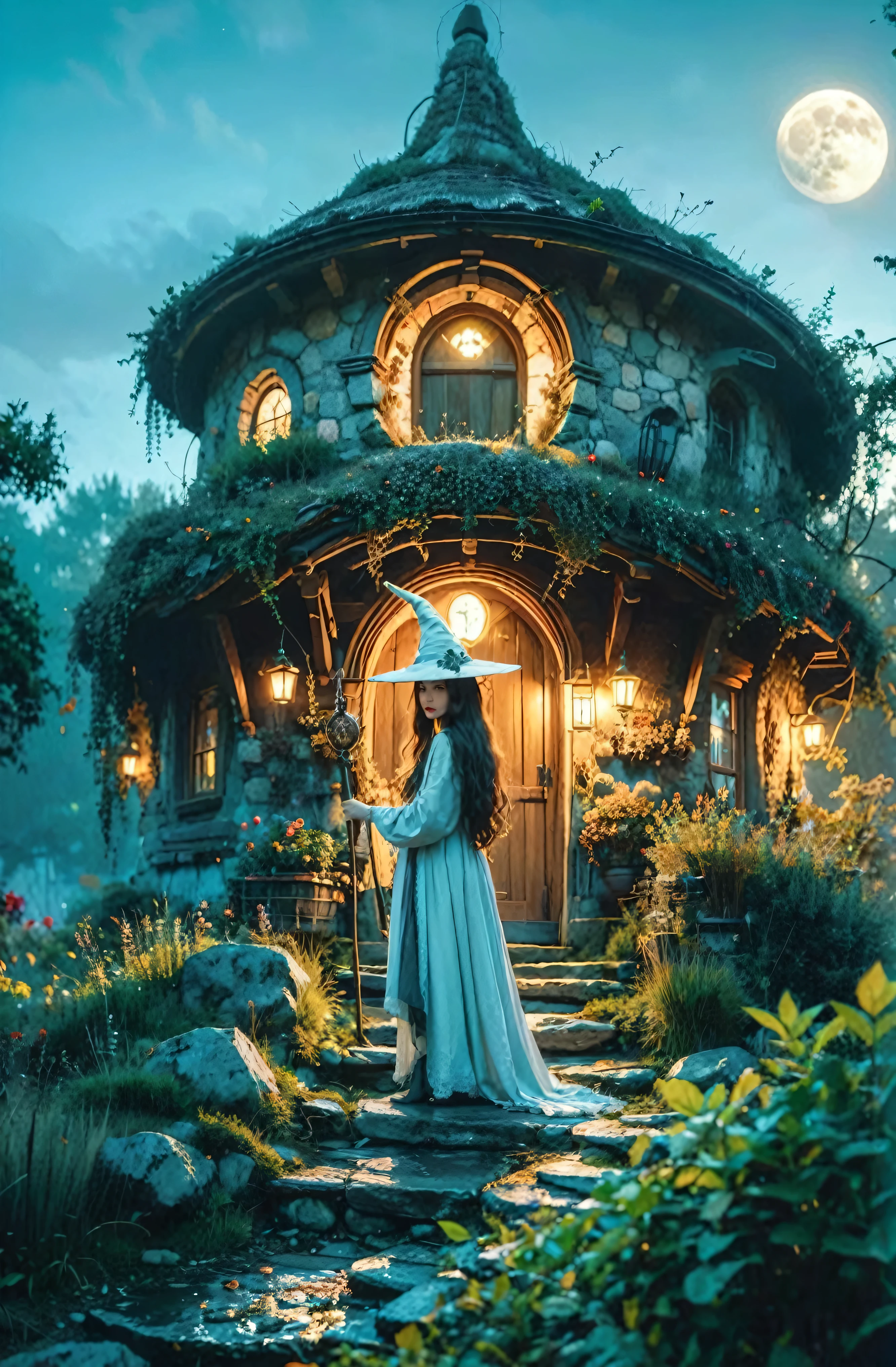 a woman in a white dress standing in front of a house, witch fairytale, fantasy fairytale story, fantasy house, beautiful render of a fairytale, very magical and dreamy, witch cottage in the forest, witch hut, realistic fantasy photography, fantasy photography, retro and fantasy style, fantasy art style, magical realism style, magical environment, fantasy aesthetic!, fairytale style