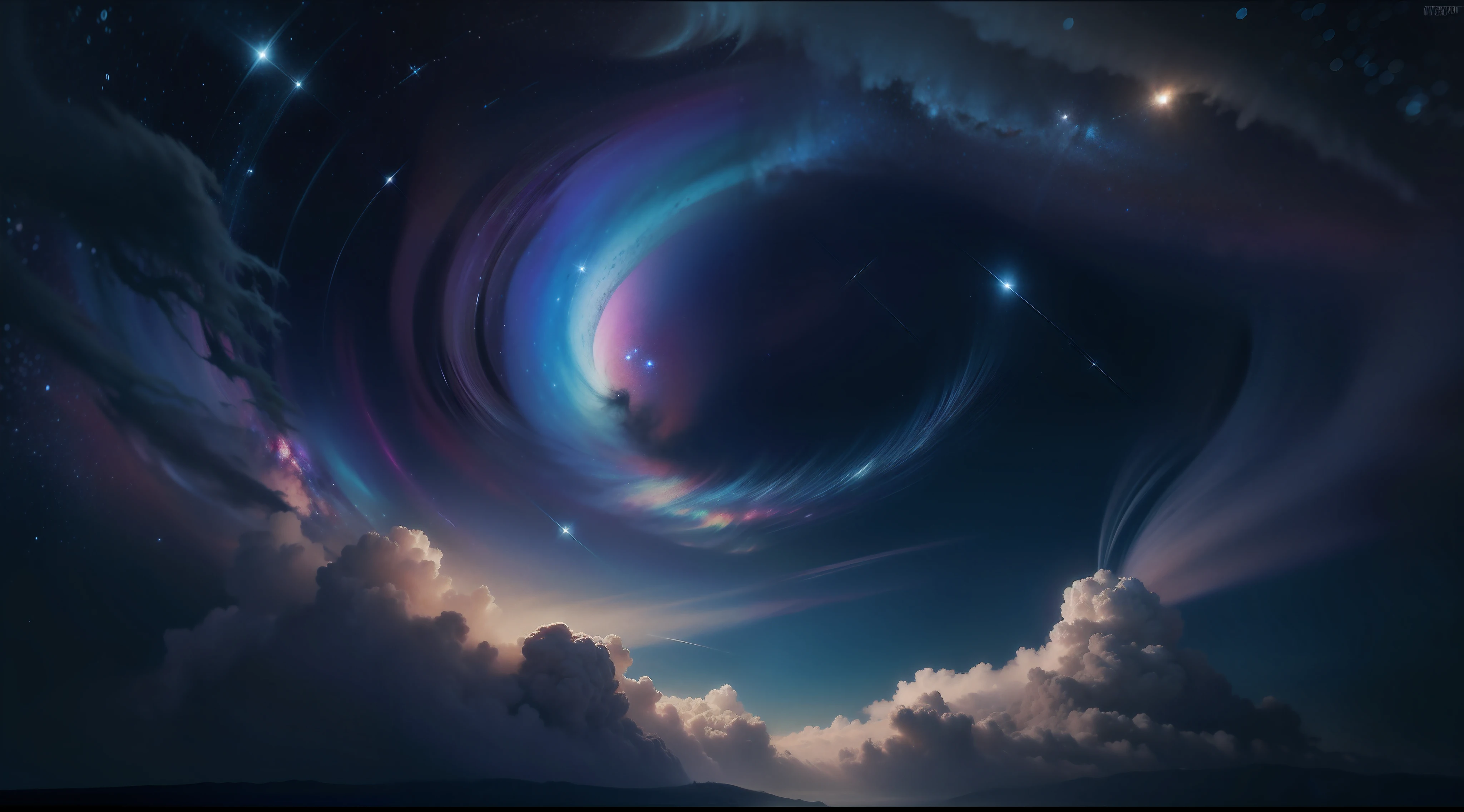Create a relaxed image, Dark Universe. Scene of serene celestial beauty in the vastness of space, Where distant stars twinkle like guiding lights. Breathtaking nebulae and colorful galaxies inspire amazement and awe. Use the software, Blending with muted tones and indigo, Deep purple, Eta、Warm shades of the sky to create an atmosphere of peace and tranquility.