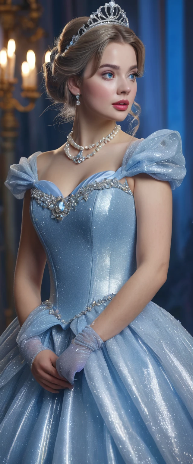 (best quality,4k,8k,highres,masterpiece:1.2),ultra-detailed,(realistic,photorealistic,photo-realistic:1.37),sexy young woman,eye-catching Cinderella cosplay,beautiful detailed eyes,beautiful detailed lips,glamorous Cinderella gown,fairy tale atmosphere,captivating expression,hair styled in elaborate updo,sparkling tiara,fitted bodice,full skirt,pearl necklace,silver glass slippers,storybook background,stunning stage lighting,vivid colors,soft pastel color palette,dreamy and magical ambiance