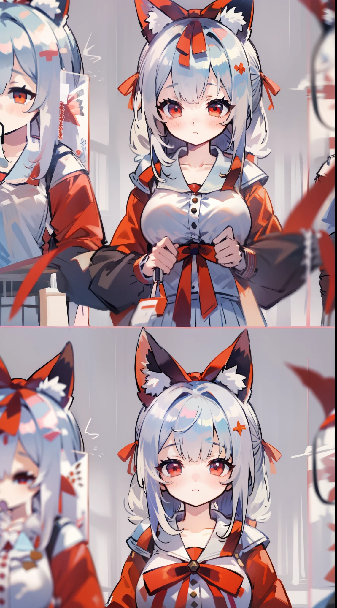 ,grey hair, long hair, twintails, bangs, hair between eyes, animal ears, fox ears, animal ear fluff, red eyes, tail, fox tail, virtual youtuber,grey hair, long hair, twintails, bangs, hair between eyes, animal ears, fox ears, animal ear fluff, red eyes, tail, fox tail, virtual youtuber, shirt, white shirt, long sleeves, sleeves past wrists, bow, hair bow, red bow, ribbon, skirt, pleated skirt, black skirt,milfication, mature female, gigantic breasts,machine milking