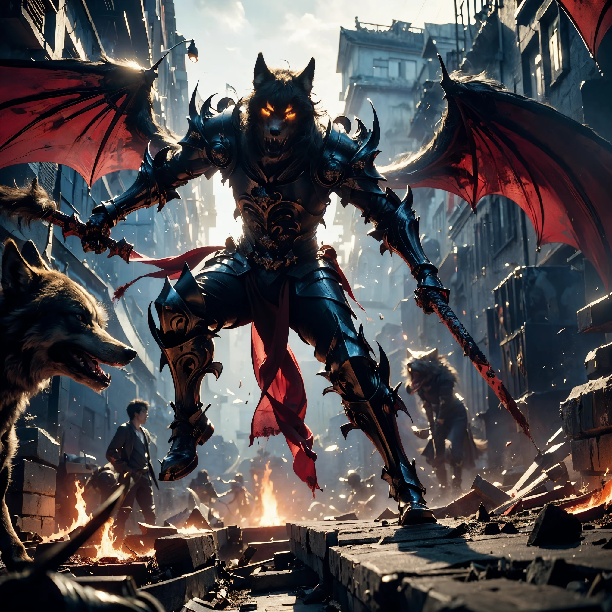 (((Realistic, masterpiece, best quality, crisp detail, high definition, high detail, very rich detail, sharp focus, sharp detail, colorful, rich color, perfect studio lightning))), ((20 years old, beautiful devil, kasumi arimura, evil gothic make up, flying, floating)),(((in the middle of war, epic war scene, attack stance))), wearing (((beautiful decorated black heavy armor, dark dragon armor, decorated full body armor, fully armored beautiful kimono, wide fire diabolos wings))), (flying, holding giant blade, blood scattered face, blood tears, blood bath, blood shed), (((fire everywhere, blood everywhere, death everywhere, japan bakumatsu period, dead bodies,carcass,burned japanese castle, cerberus, three headed wolves, were wolves, hellish,chaos, inferno)) traditional village background, dark atmosphere, bloody night)