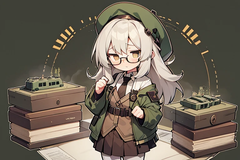 long ahoge,shirt,White hair,Brown eyes,circle-glasses,Brown tie,brown skirt,dark green beret,Dark green jacket,girl with,steampunkai,sleepeace,retro city background,#jitome#concept