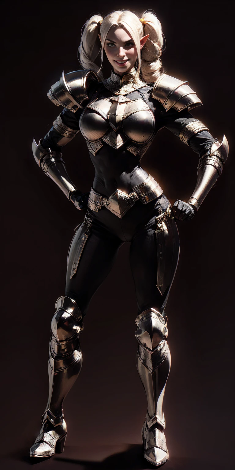 ((black background 1:2)) ((masterpiece, best quality, ultra-detailed, best shadow)) 1girl looking at viewer full body golden full body armor, breastplate, shiny, armor, thighhighs, high boots,shoulder armor, faulds, poleyn, gloves, gauntlets, bracers armored boots, pauldrons, pointy ears muscular lean platinum blonde long twin-tails hairstyle at the black background, lustful smirking smile face red blushed, blush, strong abs, female body builder, tiara, twin drills hair