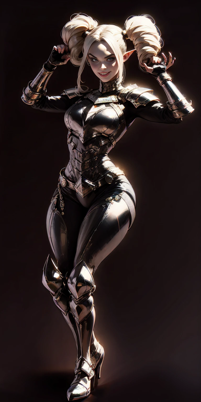 ((black background 1:2)) ((masterpiece, best quality, ultra-detailed, best shadow)) 1girl looking at viewer full body golden full body armor, breastplate, shiny, armor, thighhighs, high boots,shoulder armor, faulds, poleyn, gloves, gauntlets, bracers armored boots, pauldrons, pointy ears muscular lean platinum blonde long twin-tails hairstyle at the black background, lustful smirking smile face red blushed, blush, strong abs, female body builder, tiara, twin drills hair