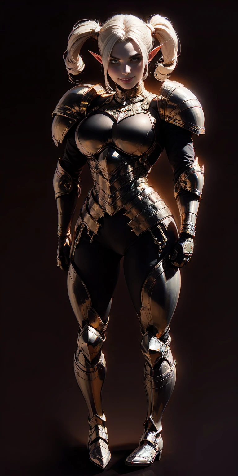 ((black background 1:2)) ((masterpiece, best quality, ultra-detailed, best shadow)) 1girl looking at viewer full body golden full body armor, breastplate, shiny, armor, thighhighs, high boots,shoulder armor, faulds, poleyn, gloves, gauntlets, bracers armored boots, pauldrons, pointy ears muscular lean platinum blonde long twin-tails hairstyle at the black background, lustful smirking smile face red blushed, blush, strong abs, female body builder, tiara, twin drills hair