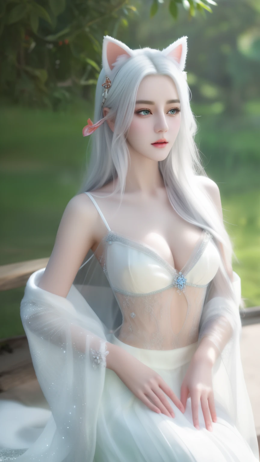 One wearing a white dress、Close-up of woman with cat ears, ethereal beauty, Stunning young and ethereal figure, huge breasts,bigger breasts,H cup,Expose more breasts,flowing white robe, flowing skirt, 1 more transparent skirt,Openwork skirt,There are no shoulder straps,flowing magic robe, beautiful girl, very beautiful top model, Beautiful digital artwork, tall thin beautiful goddess, beautiful goddess, Beautiful fantasy girl, beautiful fantasy art, Smooth digital concept art, Smooth anime CG art,blizzard,snow mountain,lake,white hair,His face was slightly red,There is a red dot decoration between the eyebrows