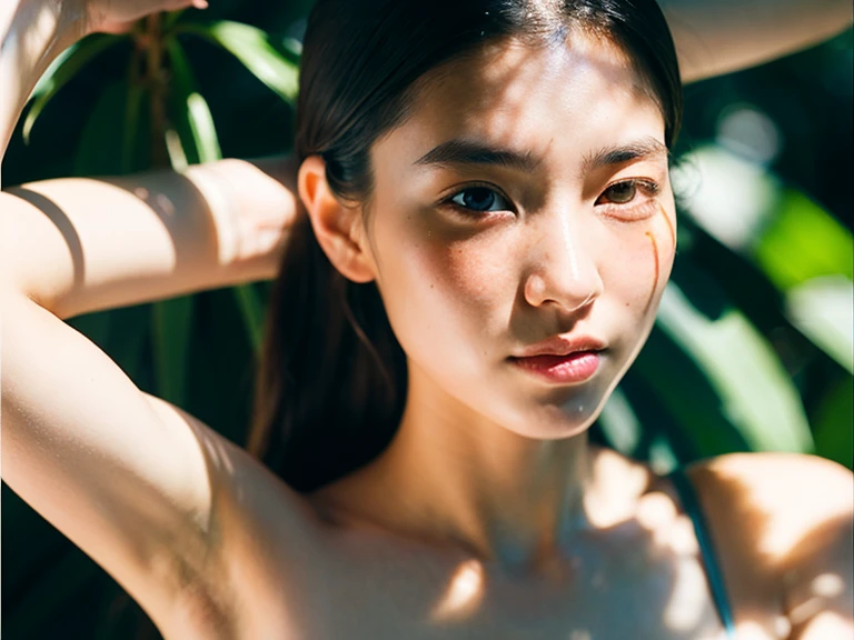 {top-quality}, {{masterpiece}}, {extremely delicate and beautiful},Outstanding light and shadow, highly detailed wallpaper,Clear and bright sunlight,1girl in,lightly dressed、gaze looking beyond,red blush,Strong sunshine,delicate and messy hair,realistic skin textures, Pronounced pores and skin wrinkles,tropical rainforest,((strong light shines on the face)), The upper part of the body, naked portrait, nude photography, detailed armpit, pussy pubic hair, shiny nipple