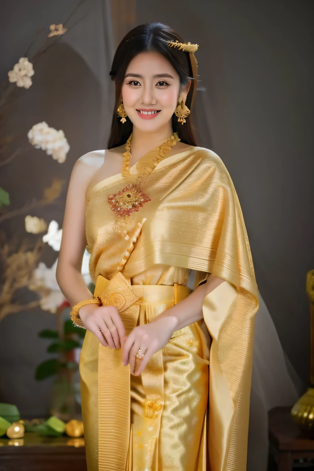 smile ,a close up of a woman in a gold dress with a crown, sukhothai costume, traditional beauty, traditional dress, traditional clothing, traditional, south east asian with long, wearing traditional garb, traditional clothes, wearing authentic attire, traditional tai costume, traditional costume, asian woman, tai costume, anime thai girl, wearing an ornate outfit, an asian woman