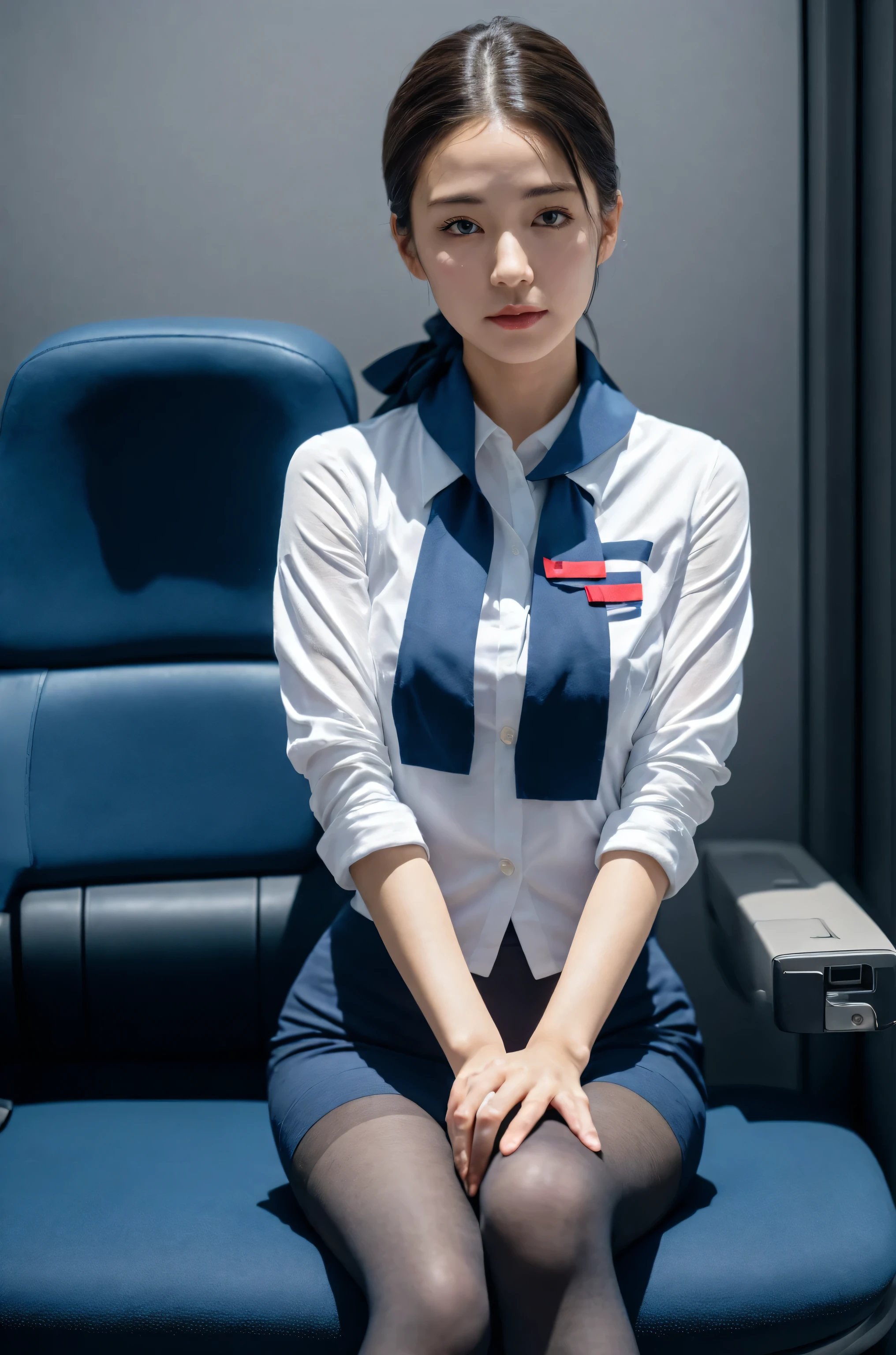 highest quality, masterpiece, 8K, ultra high resolution, (realistic:1.4), very detailed, intricate details, delicate and beautiful, good lighting, professional lighting, sharp focus, detailed shadow, Exquisite detail and texture, Depth of the bounds written, unity 8K wallpaper, cinematic composition, cinematic lighting, official art, flight attendant, Cabin attendant, black pantyhose, stylish,(aircraft, (aircraft corridor), Airplane Seats) beautiful and elegant face, detailed face, fine eyes, realistic hair, long hair, (1 girl), (sitting on the seat:1.3),(hair up、bun hair、good、night roll、french twist、light gray jacket 1.5、white shirt、dark gray tight skirt 1.5、blue line 1.5、blue scarf 1.5、black pantyhose1.5、white panties 1.5、between legs 1.5、underwear  、small breasts 1.5、pointed nipples 1.5、female organ)