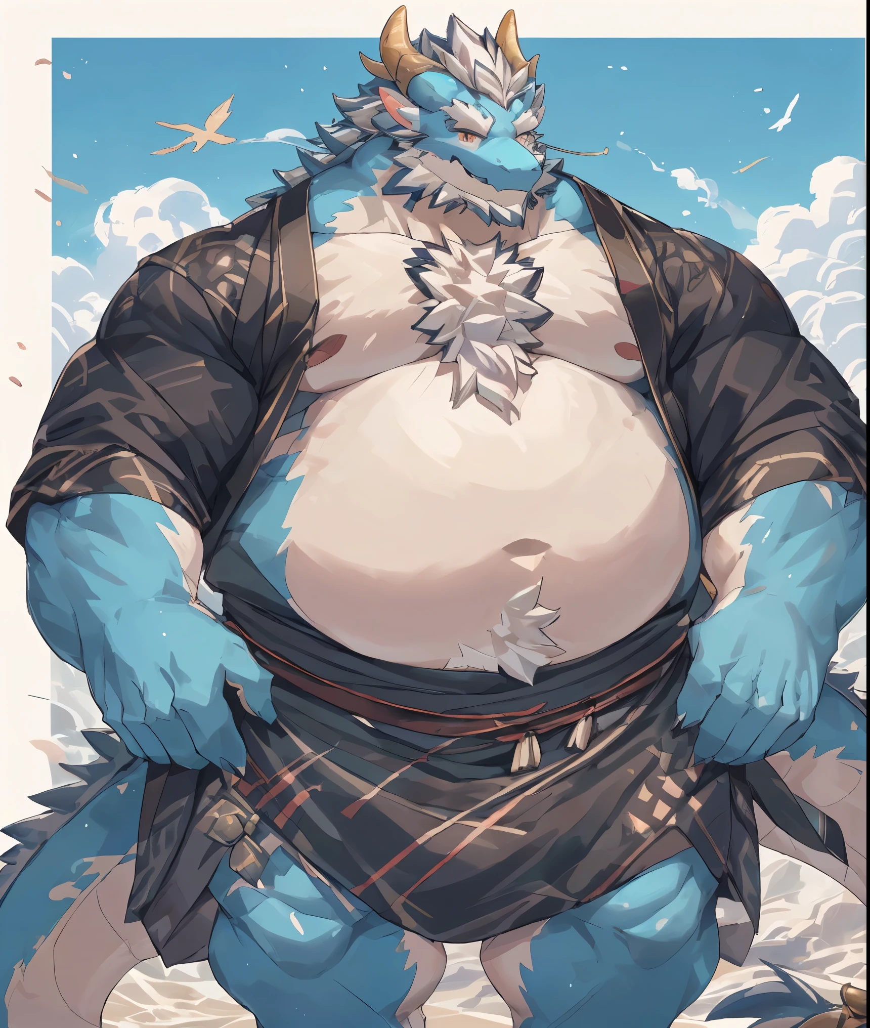 Close-up of cartoon character with big chest muscles, anthropomorphic Oriental dragon, Oriental dragon_beast, Detailed fanart, high resolution committee, only, Very detailed的精美扇子艺术, Strike a hot and majestic pose, Rich in details、colorful, Fat ripped satanic creature, Very detailed!, pov furry art, Japanese handsome guy, Inspired by Tawaraya Sotatsu,Gorgeous costumes,(big dick:1.3),fat body,light brown kimono,dark gray skin,Dense chest hair,Thick belly hair