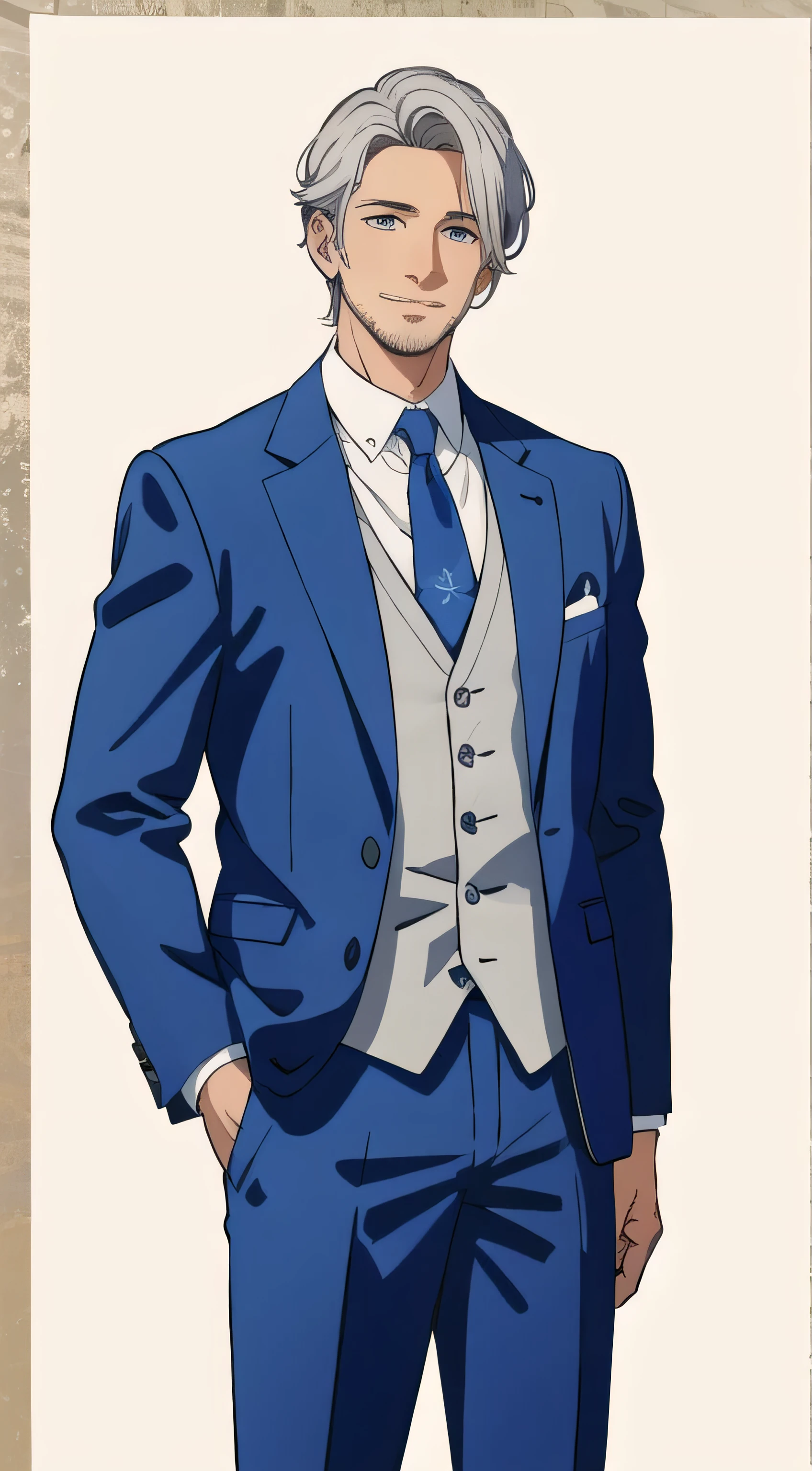(highest quality, masterpiece,front), 1 male, 40 years old, wonderful, a handsome guy, gentle smile, silver hair,gentleman,Standing picture,pajamas