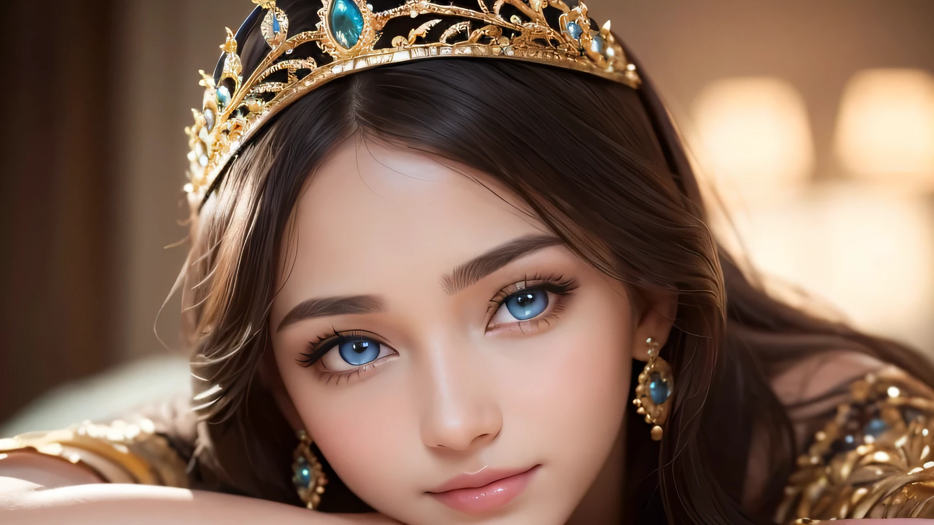 (highest quality, 8K, masterpiece)), super detailed, sharp focus, ((super realistic photos)), 1 beautiful woman, 18-year-old, Dresses with elaborate designs, gorgeous jewelry, tiara, Highly detailed face and skin texture, ((fine eyes)), ((beautiful eyes:1.4)), (smile:1.15), (closed mouth), three-quarter length,perfect body,(Lie:1.3)
