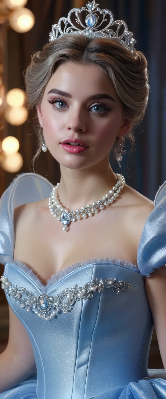 (best quality,4k,8k,highres,masterpiece:1.2),ultra-detailed,(realistic,photorealistic,photo-realistic:1.37),sexy young woman,eye-catching sexy Cinderella cosplay,beautiful detailed eyes,beautiful detailed lips,glamorous Cinderella gown,fairy tale atmosphere,captivating expression,hair styled in elaborate updo,sparkling tiara,fitted bodice,full skirt,pearl necklace,silver glass slippers,storybook background,stunning stage lighting,vivid colors,soft pastel color palette,dreamy and magical ambiance