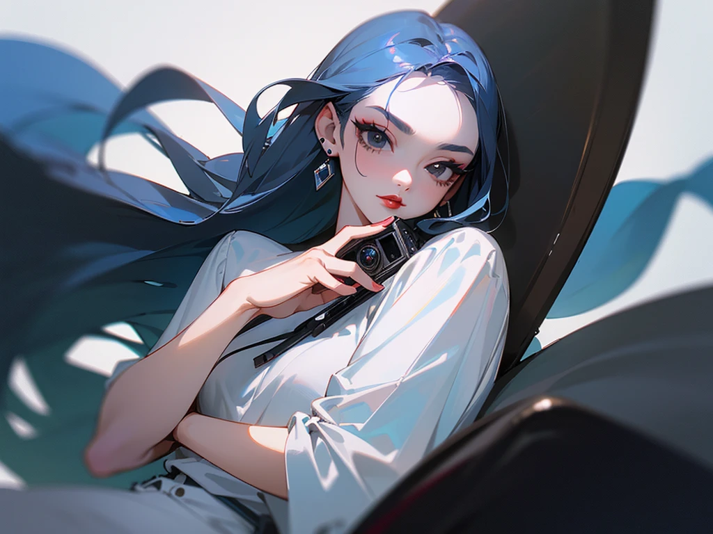 top-quality、Top image quality、masterpiece、Teenage girl((White shirt、Long black trousers、18year old、 Ager、Best Bust、big bast,Black eyes, blue hairs、A slender,Large valleys、red lipstick makeup on eyelids、Cute earrings、silver watch、Bring your chest together、Have a digital camera)),hiquality、Beautiful Art、Background with((White space、Photography Studio))masterpiece、depth of fields,Camera Film Style
