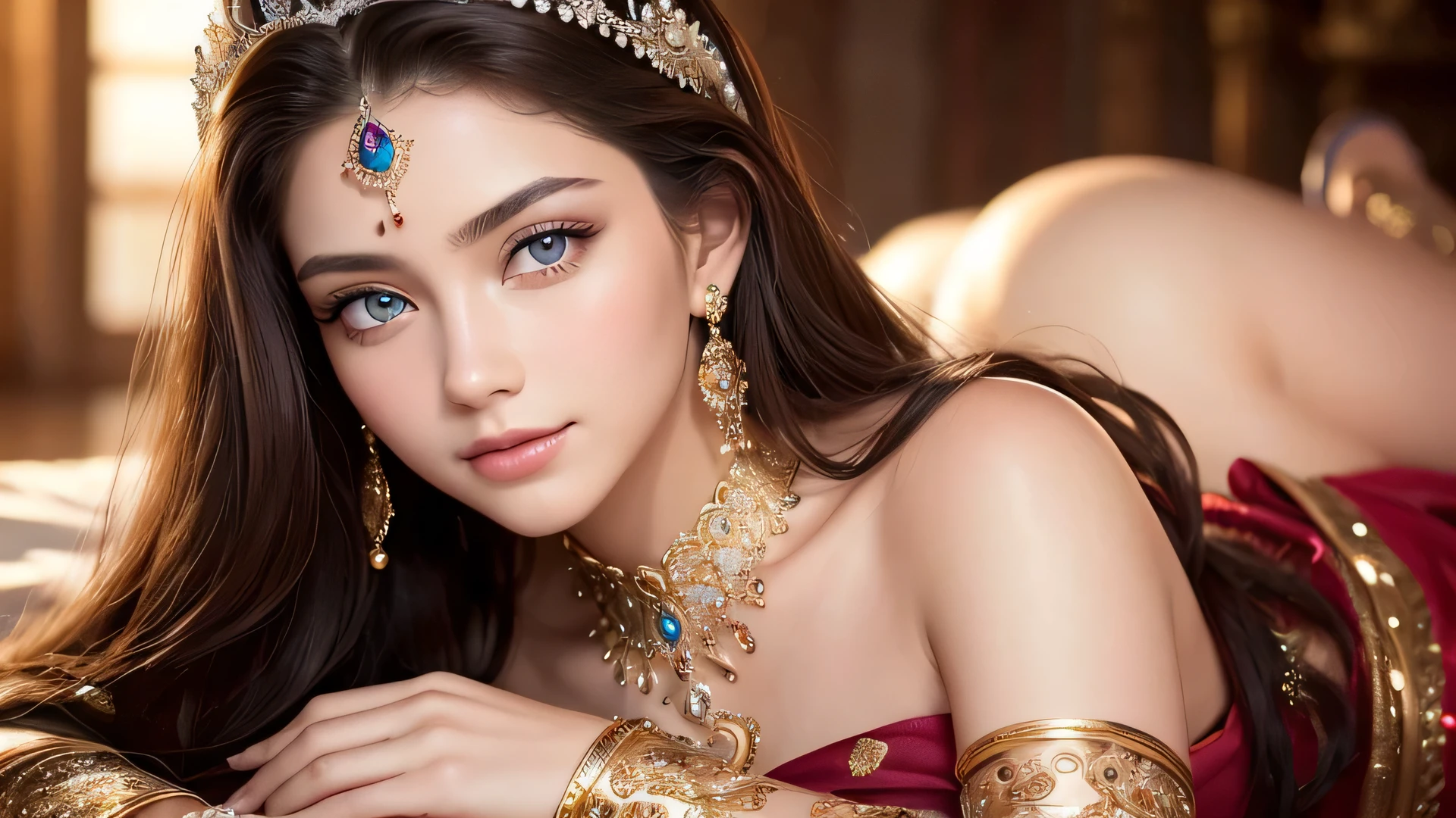 (highest quality, 8K, masterpiece)), super detailed, sharp focus, ((super realistic photos)), 1 beautiful woman, 18-year-old, Dresses with elaborate designs, gorgeous jewelry, tiara, Highly detailed face and skin texture, ((fine eyes)), ((beautiful eyes:1.4)), (smile:1.15), (closed mouth), three-quarter length,perfect body,(Lie:1.3)