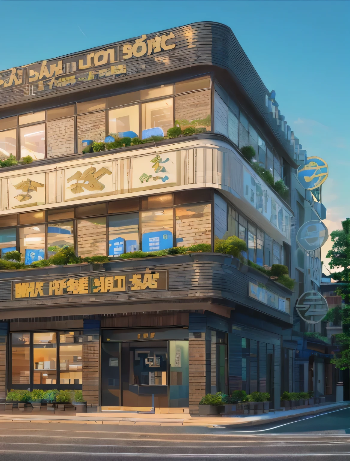 rendering of a modern building with a lot of windows and plants on the side, high detailed store, hoang lap, in style of lam manh, hoang long ly, by Sun Long, by Max Buri, patiphan sottiwilaiphong, by Kanbun Master, 3 ds max + v - ray, full - view