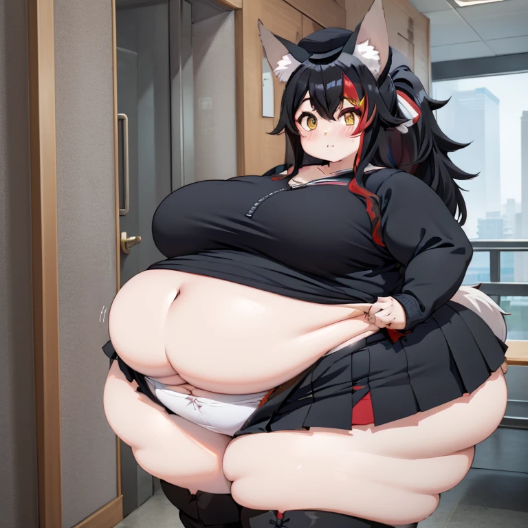 1girl, top heavy figure, (((incredibly big chest))), ((saggy chest)), plump, incredibly plump, ((big belly)), (((big tits))), pout, embarassed, wide, (((obese))), (((fat))), ((love handles)), double chin, out of shape, obese, fatty, shortstack, short woman, big bossom, ((milf)), small height, mature, standing, full body, bbw, ssbbw, ookami mio, skirt, white shirt, wide ponytail, yellow eyes, wolf ears, wolf tail, long hair, hair between eyes, black skirt, black hair, black hat, sleeveless shirt,  brown footwear, brown cardigan,