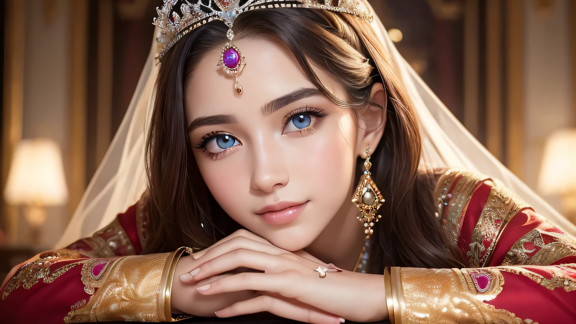 (highest quality, 8K, masterpiece)), super detailed, sharp focus, ((super realistic photos)), 1 beautiful woman, 18-year-old, Dresses with elaborate designs, gorgeous jewelry, tiara, Highly detailed face and skin texture, ((fine eyes)), ((beautiful eyes:1.4)), (smile:1.15), (closed mouth), three-quarter length,perfect body,(Lie:1.3)