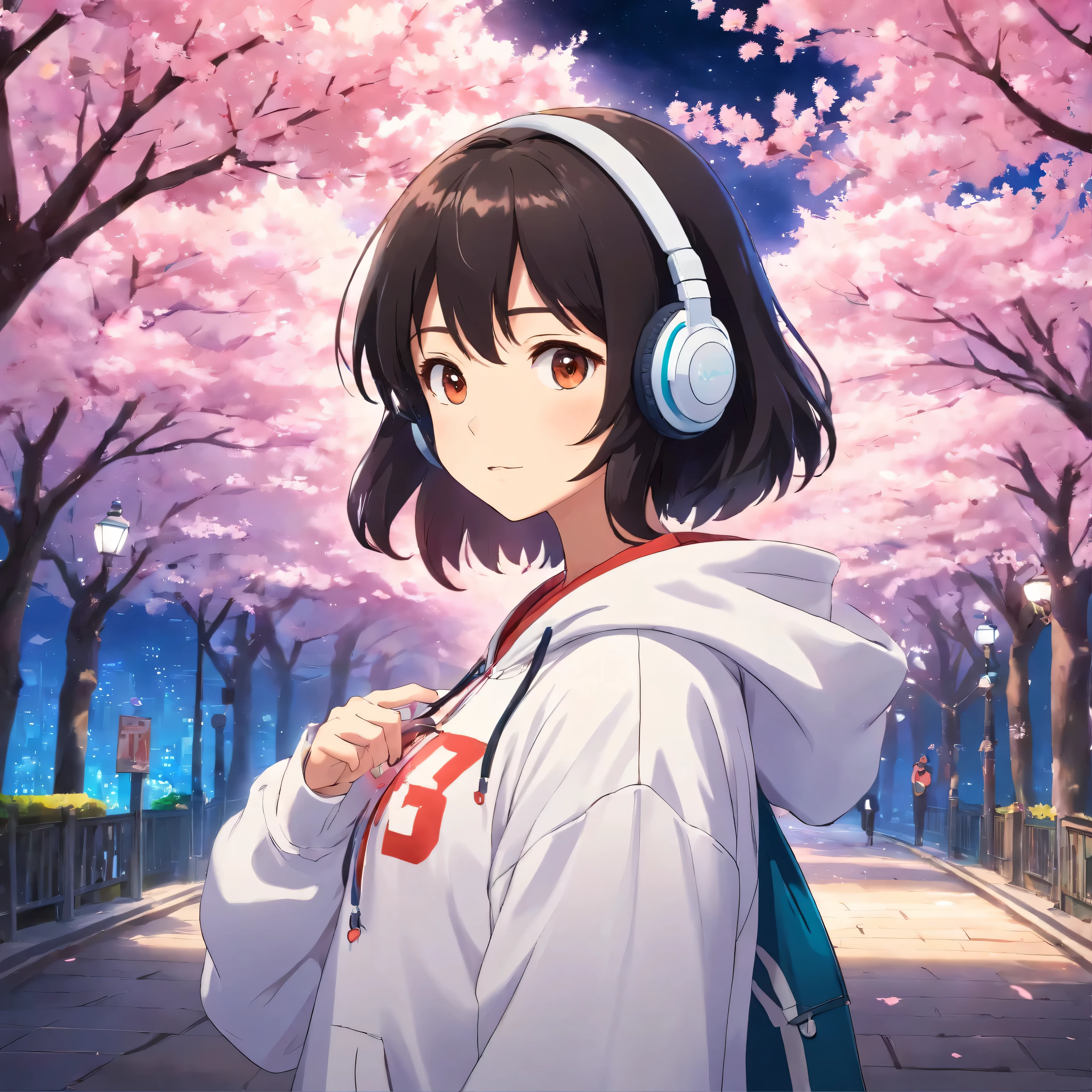 ultra realistic; 4k, anime; 2d Studio Ghibli; (at midnight1.6), the cutest college-age girl Japanese, standing in front of cherry blossoms , wearing white hoodie and headphones, wavy black hair; appearance from behind, bokehs, lost in her own world, exuding an emo vibe,